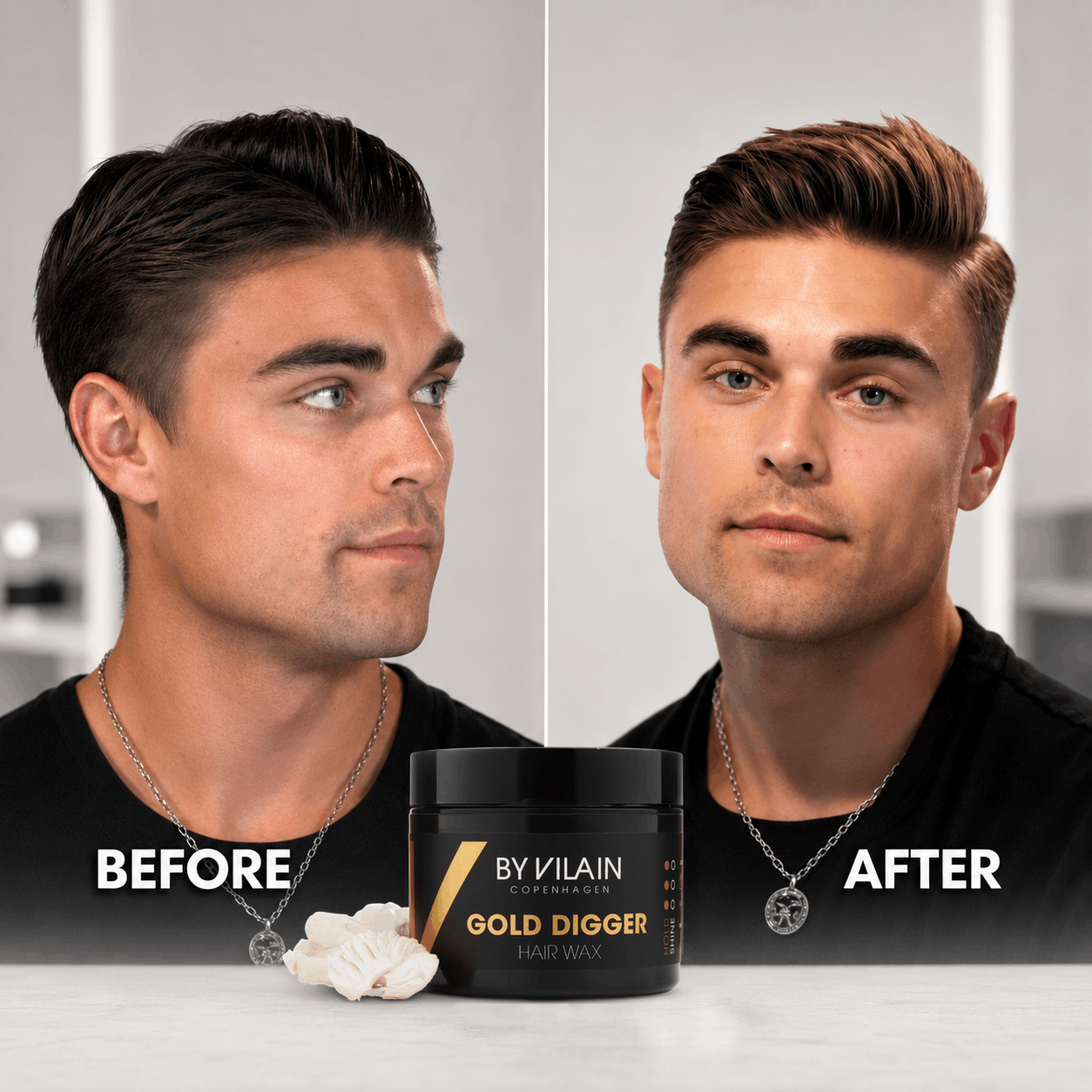 Before-and-after men’s hairstyle transformation with a structured quiff and strong definition, featuring By Vilain Gold Digger Hair Wax.